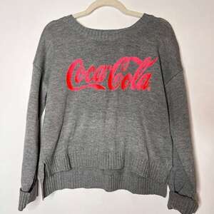 Vintage Coca-Cola Knit Sweatshirt – Grey – Big Logo Pullover – Size L